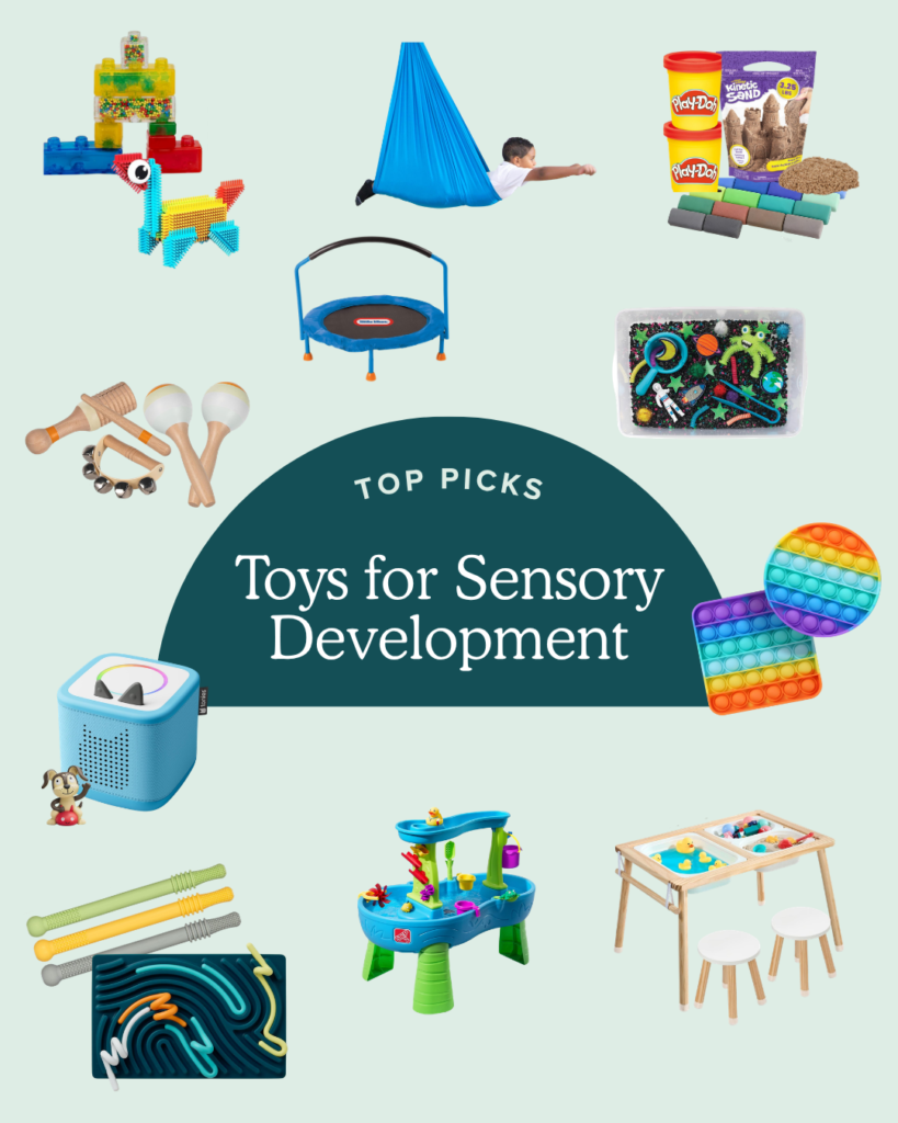round up graphic featuring the best toys for sensory development for babies and toddlers