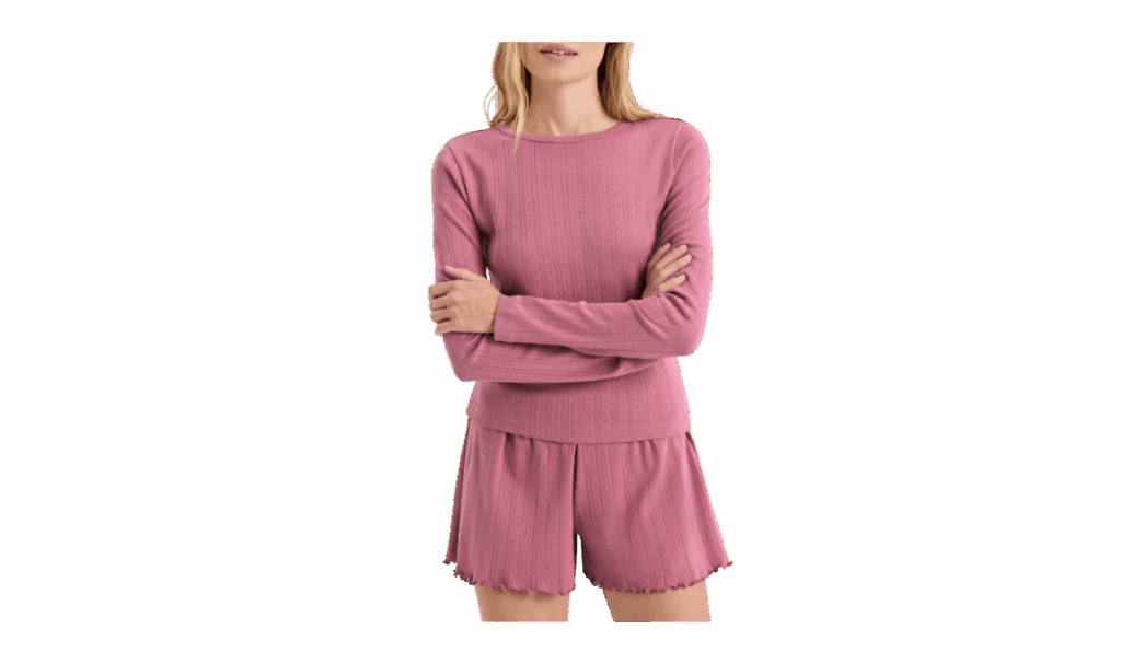 Pact Women’s Pajama set in pink with long sleeves and shorts