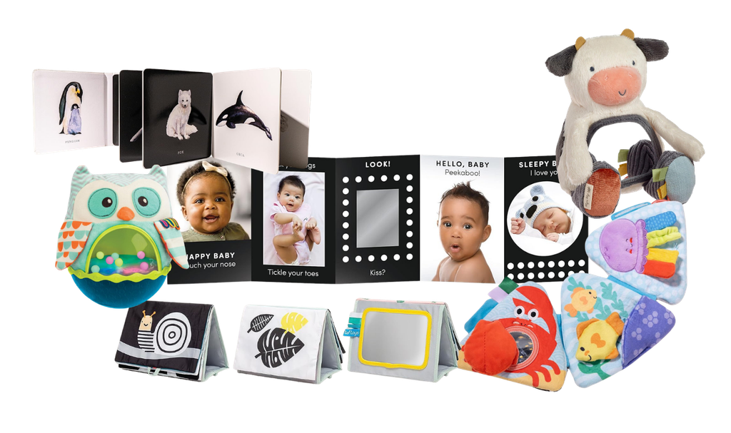 round up graphic of tummy time toys that can double as baby stocking stuffers