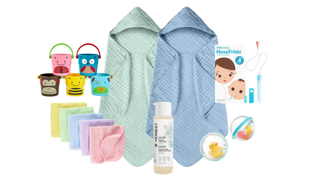 round up graphic with bathtime essentials for babies like hooded towels, wash cloths, and bath toys