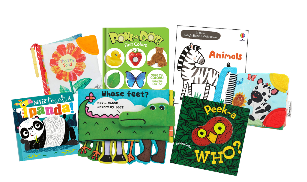 round up graphic with baby books that can be used as stocking stuffers for an infant including soft crinkle books and simple board books