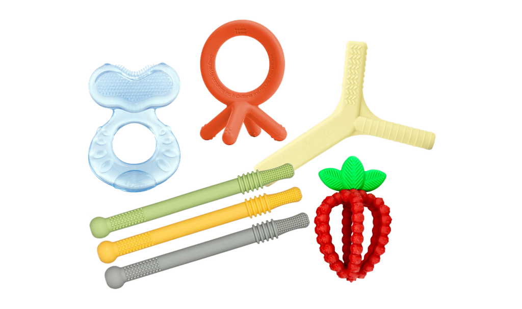 round up graphic of teethers for babies and toddlers featured in post about toys for sensory development
