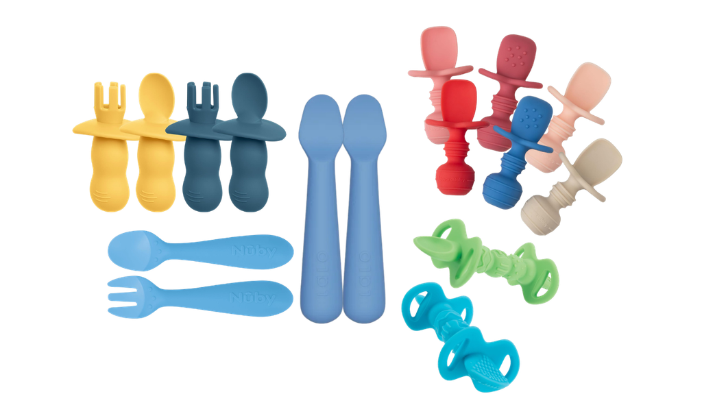 round up graphic of the best baby spoons for starting solids featured as a stocking stuffer for babies 